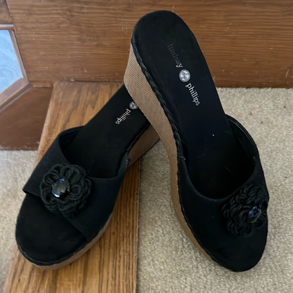 Lindsay Phillips wedge heels with interchangeable snap embellishments.